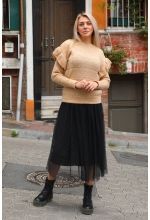 Kolları Pileli Bisiklet Yaka Triko Kazak - Kamel - Std - Kadın