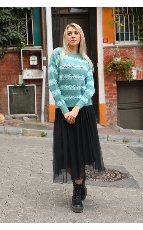 Selanik Örgü Dantelli Triko Kazak - Mint - Std - Kadın