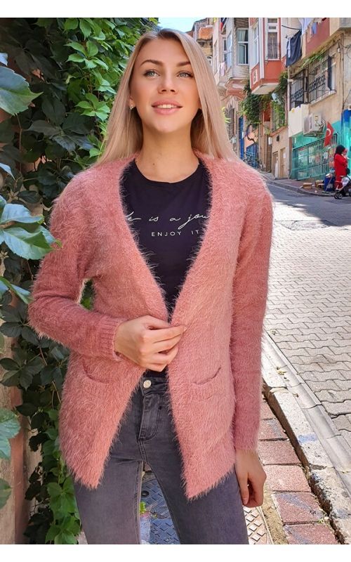 Yumoş Cepli Hırka - Gül - Std - Kadın