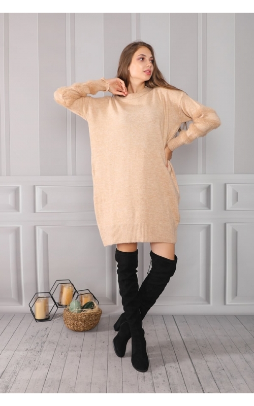 Kolları Yumoş Bisiklet Yaka Tunik - Kamel - Std - Kadın