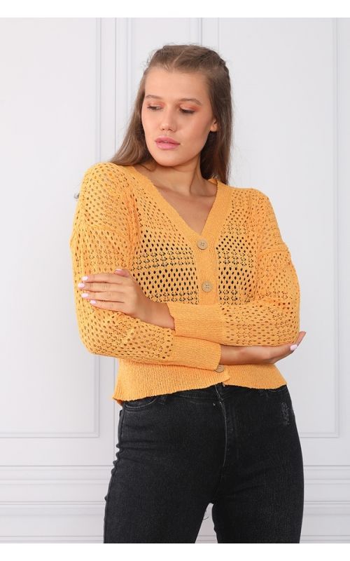 Düğmeli Ajurlu Hırka - Hardal - Std - Kadın