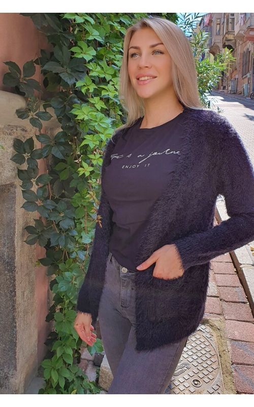 Yumoş Cepli Hırka - Siyah - Std - Kadın