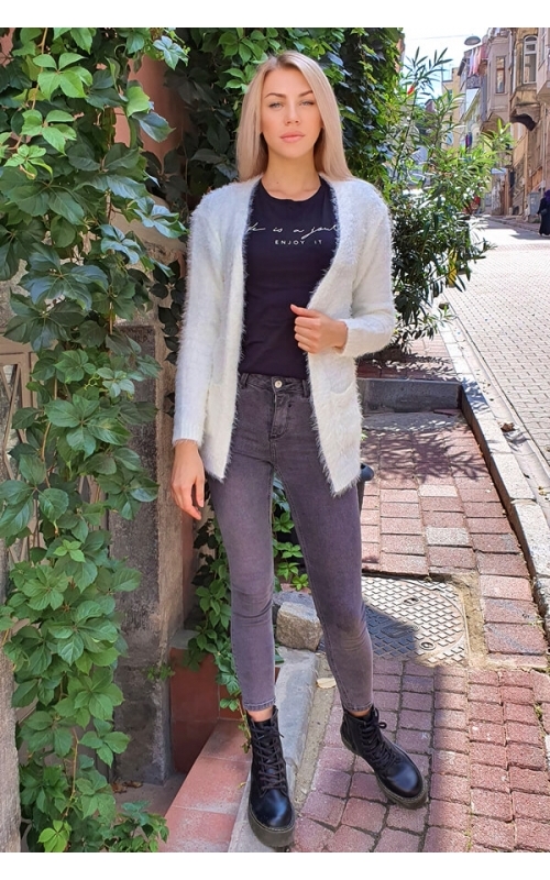 Yumoş Cepli Hırka - Ekru - Std - Kadın