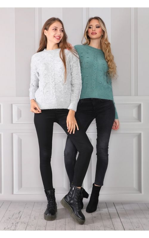 Saçlı Ponponlu Bisiklet Yaka Triko Kazak - Mint - Std - Kadın