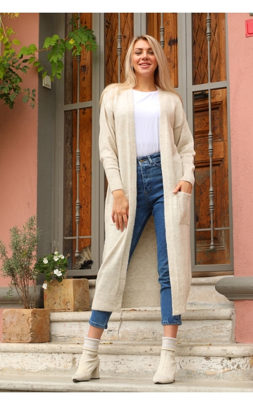 Uzun Cepli Düz Hırka - Taş - Std - Kadın