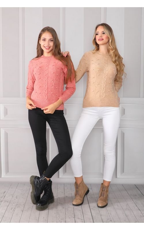 Saçlı Ponponlu Bisiklet Yaka Triko Kazak - Gül - Std - Kadın