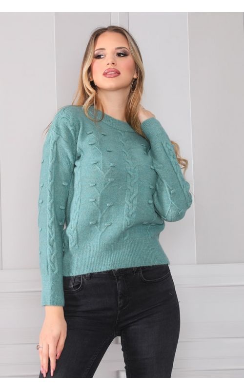 Saçlı Ponponlu Bisiklet Yaka Triko Kazak - Mint - Std - Kadın