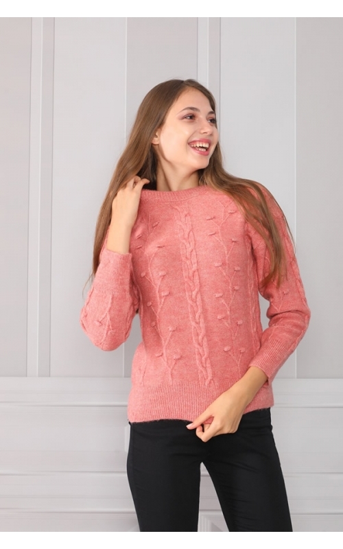 Saçlı Ponponlu Bisiklet Yaka Triko Kazak - Gül - Std - Kadın