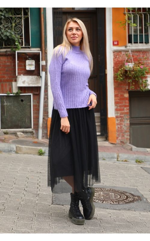 Fitili Yırtmaçlı Triko Kazak - Lila - Std - Kadın