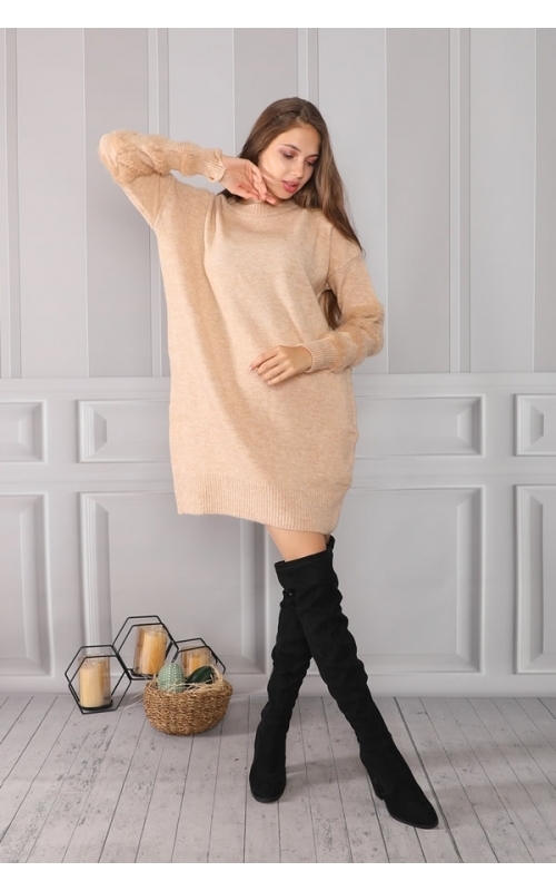 Kolları Yumoş Bisiklet Yaka Tunik - Kamel - Std - Kadın