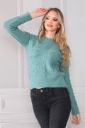 Saçlı Ponponlu Bisiklet Yaka Triko Kazak - Mint - Std - Kadın
