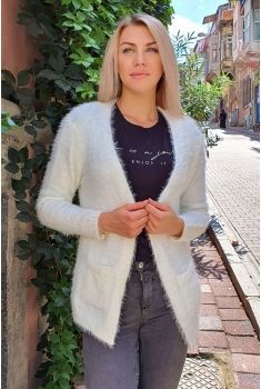 Yumoş Cepli Hırka - Ekru - Std - Kadın