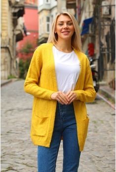 Düz Örgü Cepli Hırka - Hardal - Std - Kadın